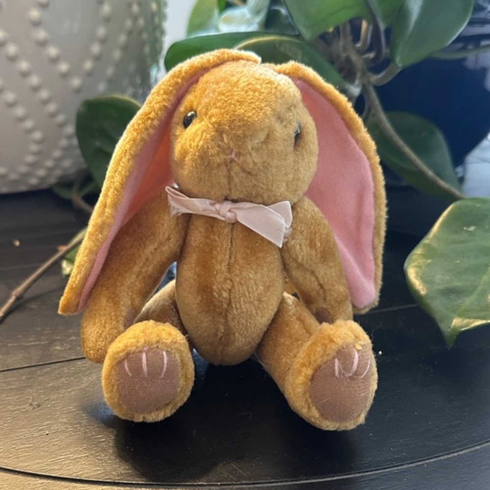 Vintage Plush Bunny – Brown Velour Rabbit w/ Pink Ears & Bow – 7”